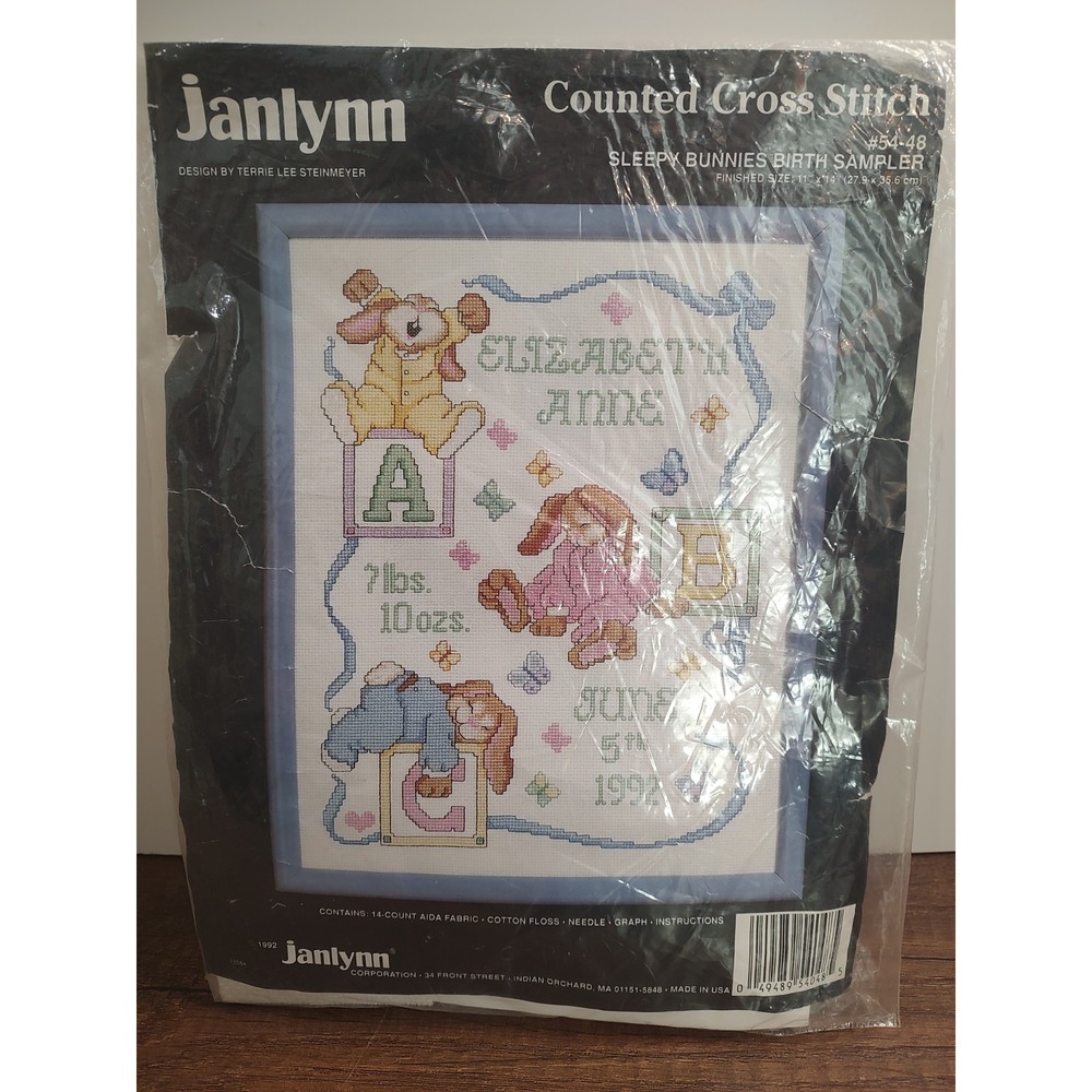 JANLYNN Counted Cross Stitch Kit SLEEPY BUNNIES BIRTH SAMPLER #54-48  11 x 14"